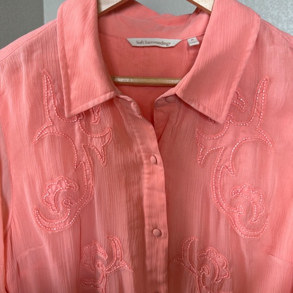 Soft Surroundings Savannah Embellished‎ Tunic Button Down Coral Women's M - Picture 5 of 10